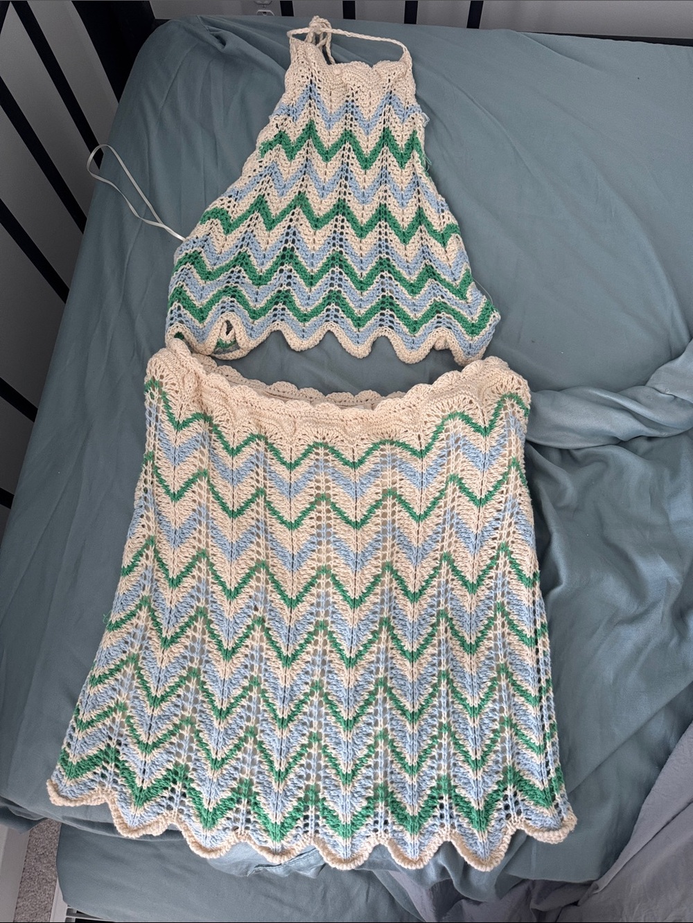 Crochet Zigzag Mini two-piece set in Cream, Light Blue & Green